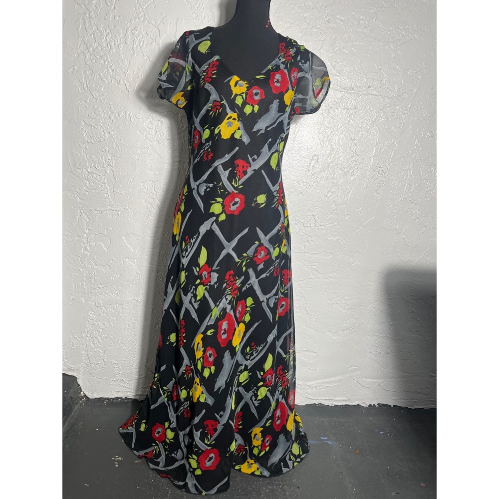 Tu-Lips Vintage 90s Floral Bias Cut Midi Dress Black Sheer Sleeve Size L